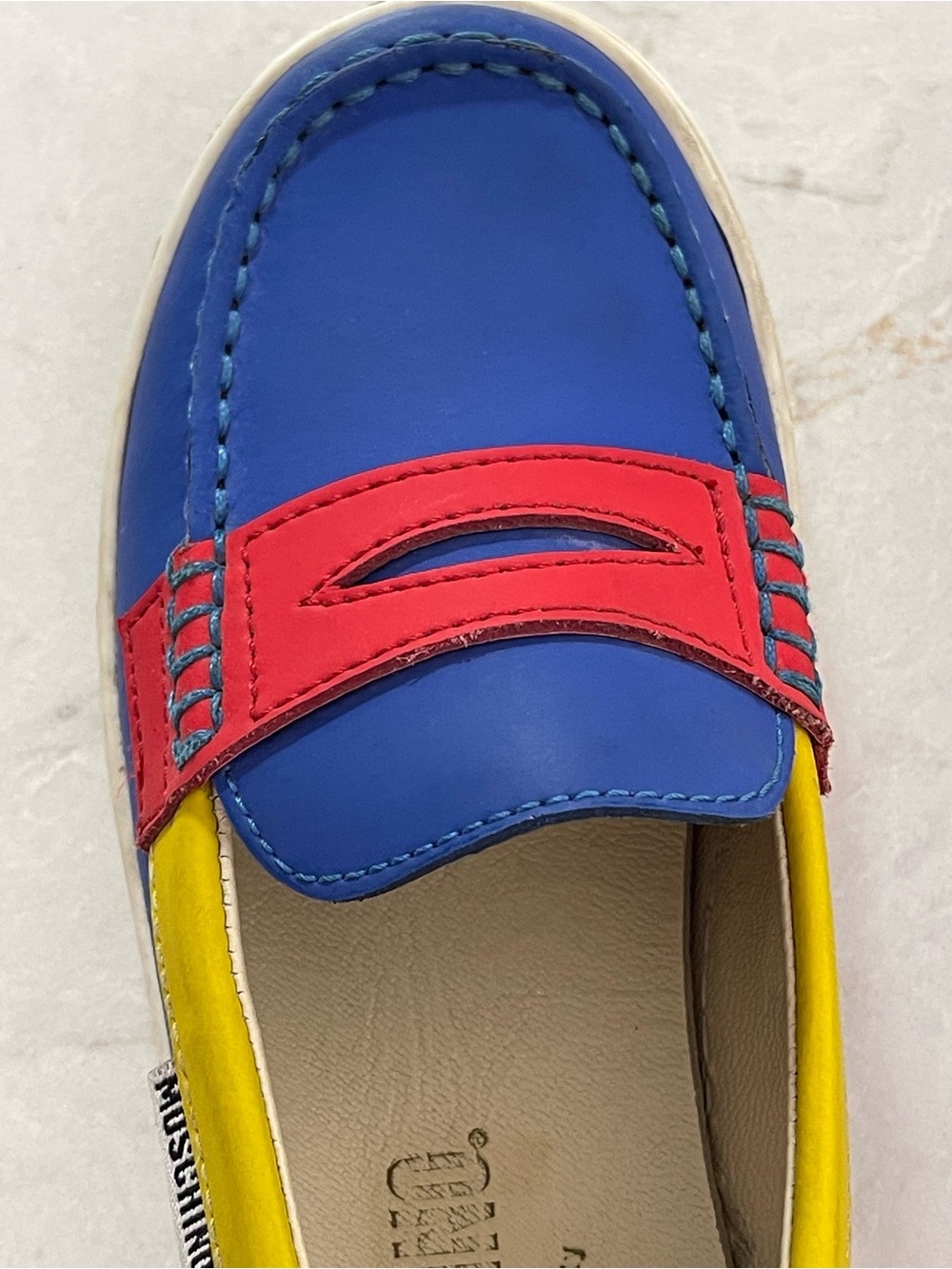 MOSCHINO KIDS Blue, Red & Yellow Leather Penny Loafers - EUC - EU29/US11.5 KIDS - Picture 10 of 12